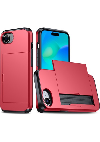 iPhone SE(2024) Için Kılıf Tpu+Pc Çift Katmanlı Zırh Telefon Kapağı, Sürgülü Kart Yuvası-Kırmızı (Yurt Dışından)