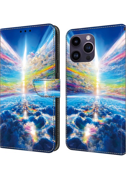 iPhone 13 Pro Max Için 6.7 Inç Cüzdan Kılıf Desenli Pu Deri Kapak Standlı Telefon Kapağı-Renkli Gökyüzü (Yurt Dışından)