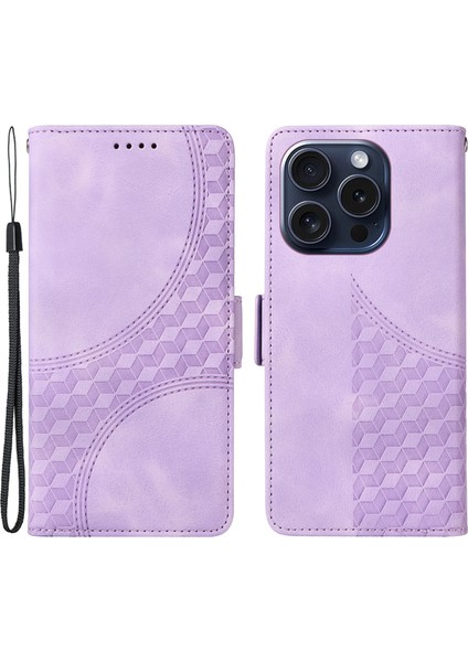 iPhone 15 Pro Kılıf Eşkenar Dörtgen Yıldızlı Pu Deri Darbeye Dayanıklı Telefon Kapağı-Mor (Yurt Dışından)
