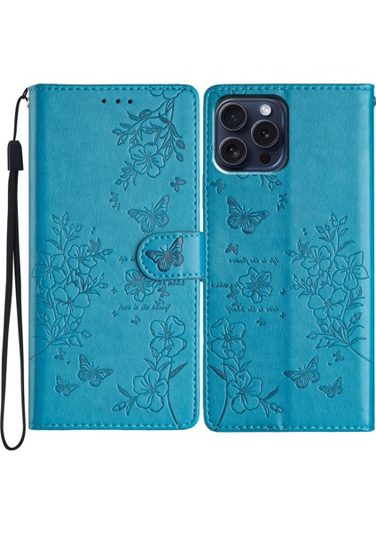 iPhone 13 Pro Cüzdan Kılıfı Çiçek Desenli Deri Telefon Kılıfı - Mavi Standlı (Yurt Dışından)