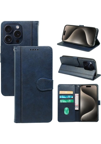 iPhone 15 Pro Standlı Kılıf Darbeye Dayanıklı Pu Deri Telefon Kapağı-Mavi (Yurt Dışından)