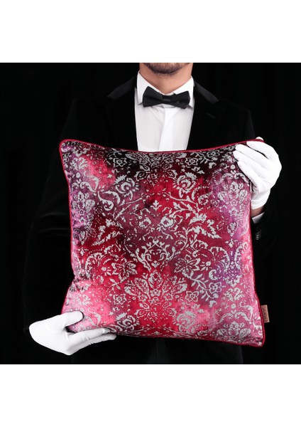 Oliva Damask Renkli Kadife 50*50 Biyeli Kırlent Çok Renkli
