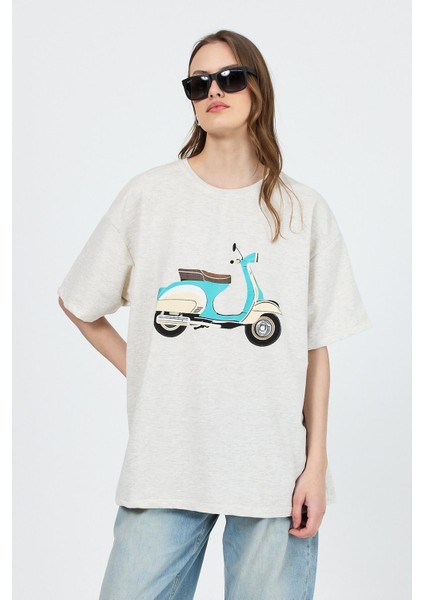 Karmelanj Bisiklet Yaka Motosiklet Baskı Detaylı Oversize Tişört 3098