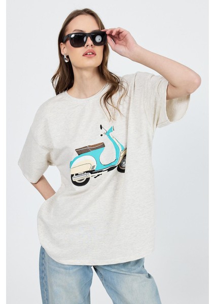 Karmelanj Bisiklet Yaka Motosiklet Baskı Detaylı Oversize Tişört 3098 modelleri