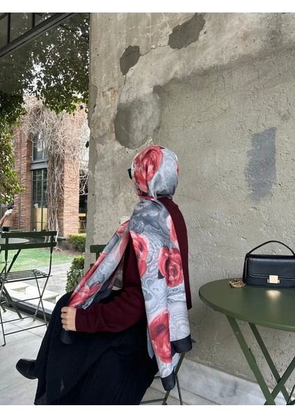 Pamuklu Rose Desen Şal-Siyah/kırmızı