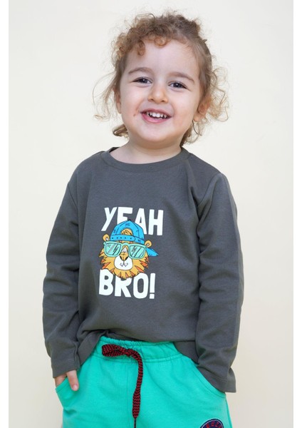 Girls & Boys Erkek Çocuk Uzun Kollu Tişört Şapkalı Havalı Aslancık Baskılı 1-4 Yaş, Füme