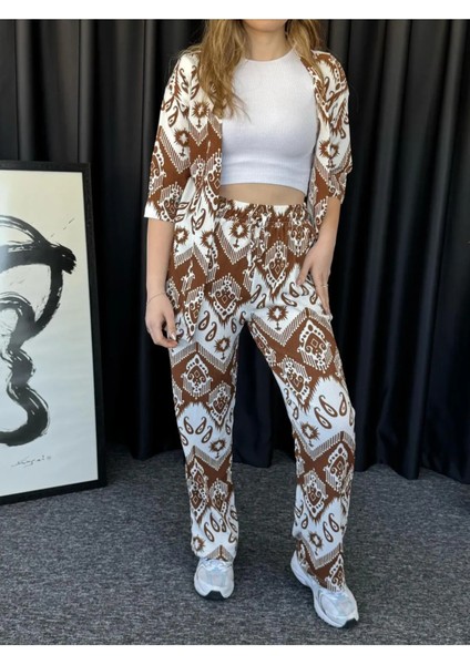 Kadın Kahverengi Damla Desenli Kimono Bürümcük Alt Üst Takım