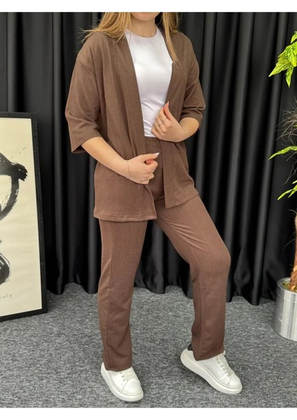 Kadın Kahverengi Kimono Bürümcük Alt Üst Takım