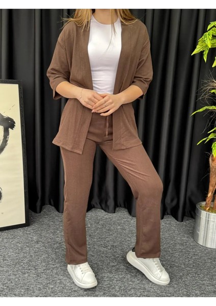 Kadın Kahverengi Kimono Bürümcük Alt Üst Takım