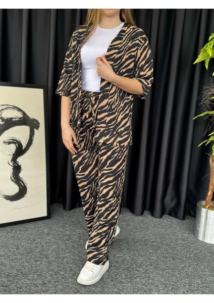 Kadın Kahverengi Zebra Desenli Kimono Bürümcük Alt Üst Takım