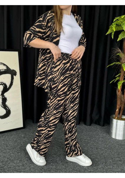 Kadın Kahverengi Zebra Desenli Kimono Bürümcük Alt Üst Takım modelleri