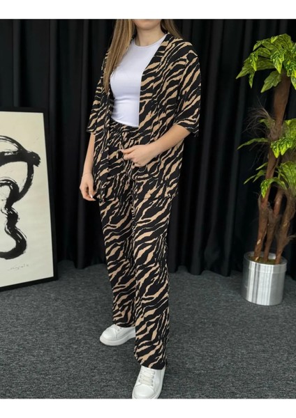 Kadın Kahverengi Zebra Desenli Kimono Bürümcük Alt Üst Takım fırsatları