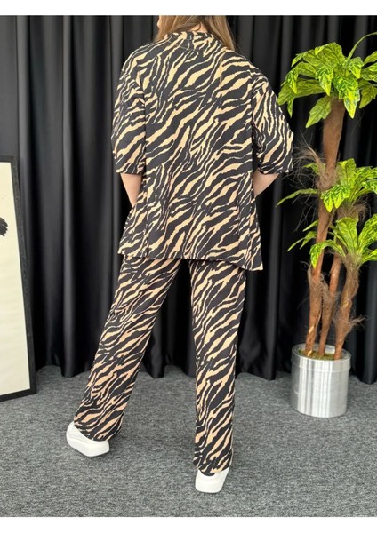 Kadın Kahverengi Zebra Desenli Kimono Bürümcük Alt Üst Takım indirimleri