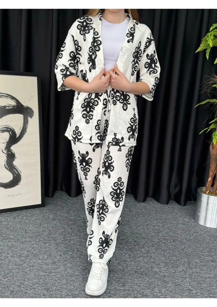 Kadın Mavi Damla Desenli Kimono Bürümcük Alt Üst Takım