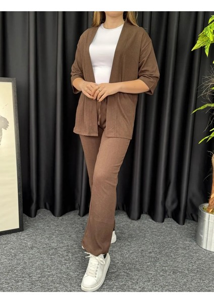Kadın Kahverengi Kimono Bürümcük Alt Üst Takım