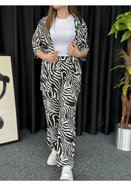 Kadın Beyaz Zebra Desenli Kimono Bürümcük Alt Üst Takım