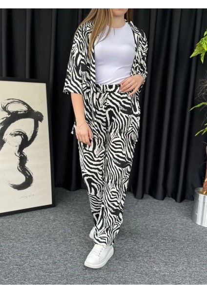 Kadın Beyaz Zebra Desenli Kimono Bürümcük Alt Üst Takım
