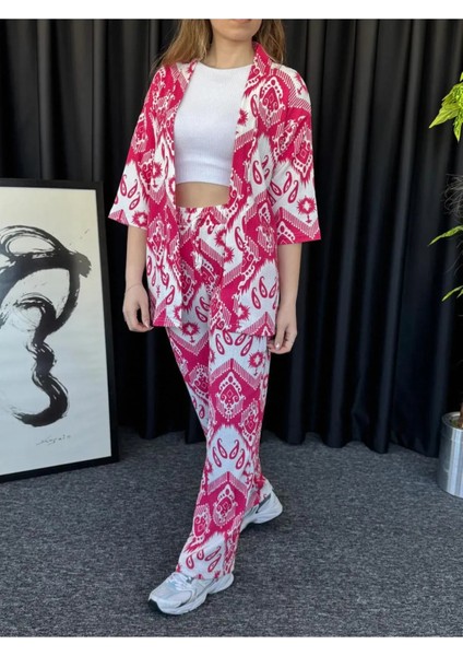 Kadın Pembe Damla Desenli Kimono Bürümcük Alt Üst Takım