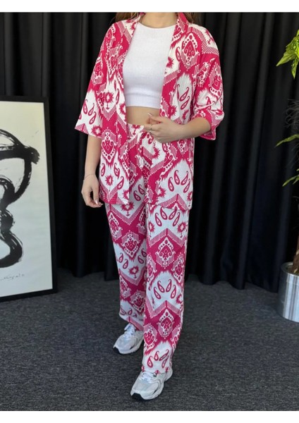 Kadın Pembe Damla Desenli Kimono Bürümcük Alt Üst Takım modelleri