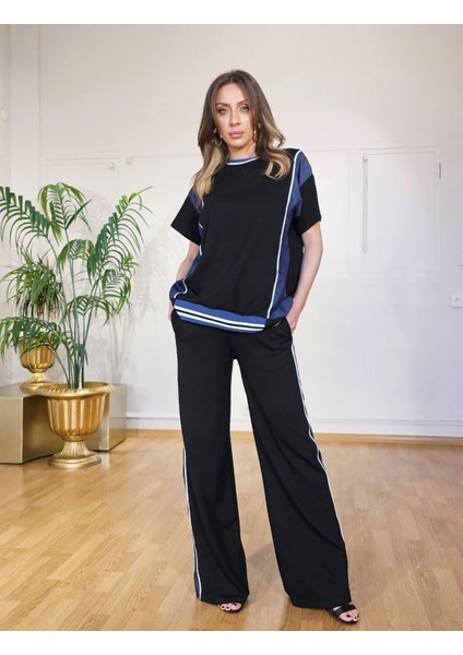 Buketli Kadın Ribanalı Kot Garnili Kısa Kollu Örme Oversize Ikili Takım