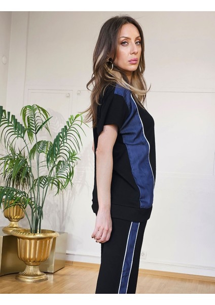 Buketli Kadın Ribanalı Kot Garnili Kısa Kollu Örme Oversize Ikili Takım modelleri