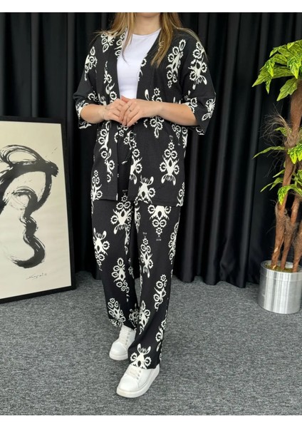 Kadın Mavi Damla Desenli Kimono Bürümcük Alt Üst Takım