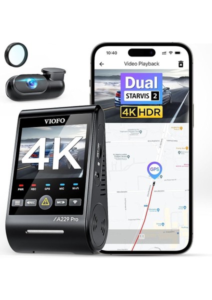 A229 Pro 4K + 2k Dual Dash Cam, Starvıs 2, Gps, Hdr, Voice Control, 5ghz Wi-Fi, Süper Gece Görüşü