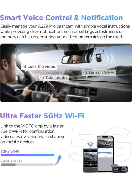 A229 Pro 4K + 2k Dual Dash Cam, Starvıs 2, Gps, Hdr, Voice Control, 5ghz Wi-Fi, Süper Gece Görüşü
