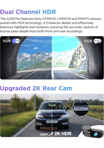 A229 Pro 4K + 2k Dual Dash Cam, Starvıs 2, Gps, Hdr, Voice Control, 5ghz Wi-Fi, Süper Gece Görüşü