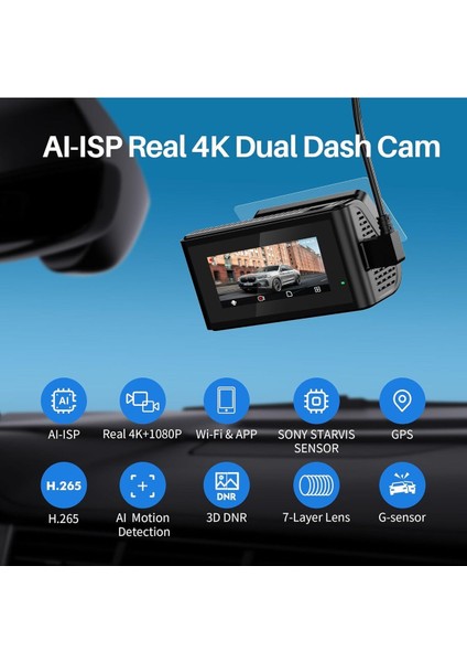 True 4K Dash Cam Ön ve Arka, 2160P, Aı-Ips Gece Görüşü, Gps, 24 Saat Park Modu