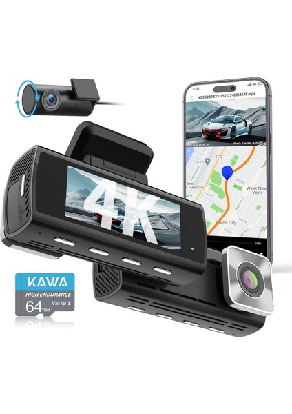 4K Araç Içi Kamera, Ön & Arka, Gece Görüşlü, Gps & Wifi Dashcam