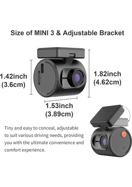 Tiny Dash Cam Mını 3 1296P Qhd, Sesli Kontrol, Süper Gece Görüşü, 24 Saat Park Izleme, G-Sensörlü