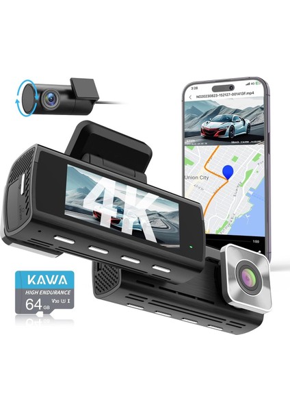 D10 4K Dash Cam Ön ve Arka Kamera, 2160P Wifi, Aı-Ips Gece Görüşü, Gps, G-Sensörlü, 64GB Sd Kartlı