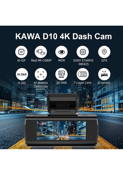 D10 4K Dash Cam Ön ve Arka Kamera, 2160P Wifi, Aı-Ips Gece Görüşü, Gps, G-Sensörlü, 64GB Sd Kartlı