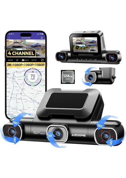 M660 4K 360° Dash Cam, 4 Kanal, 128GB Emmc, 5g Wifi, Gps, Gece Görüşü Uyumlu