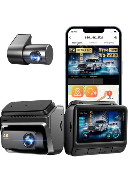 Z60 4K Dash Cam 2160P+1080P Ön ve Arka Kamera, 5ghz Wifi, Gece Görüşü, Gps ve Park Izleme