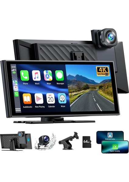 9.26" Kablosuz Carplay & Android Auto, 4K Dash Cam, 1080P Geri Kamera, Bluetooth
