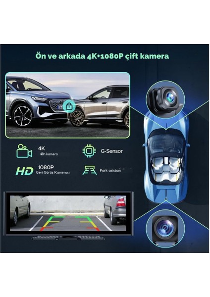 9.26" Kablosuz Carplay & Android Auto, 4K Dash Cam, 1080P Geri Kamera, Bluetooth