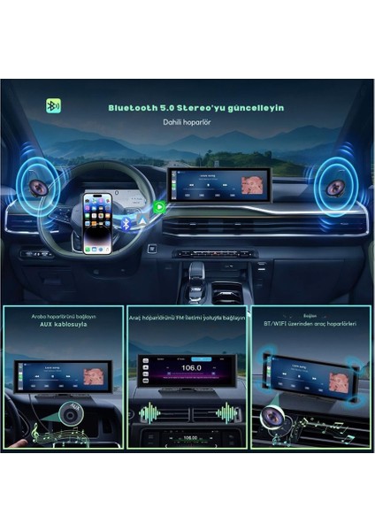 9.26" Kablosuz Carplay & Android Auto, 4K Dash Cam, 1080P Geri Kamera, Bluetooth