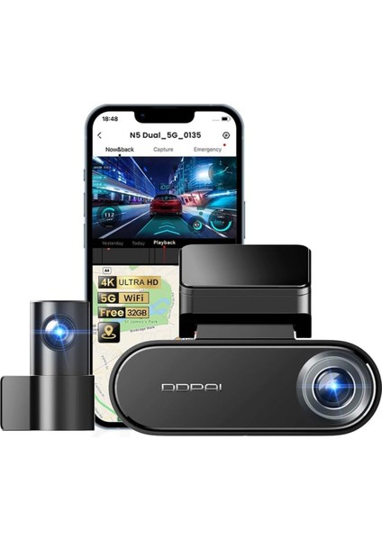4K Dual Lens Araba Kamerası N5, 2160P+1080P, 5g Wifi, Gps, 32GB, 24 Saat Park Izleme