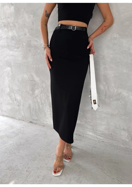 Kadın Arka Yırtmaçlı Kemer Detaylı Maxi Boy Etek