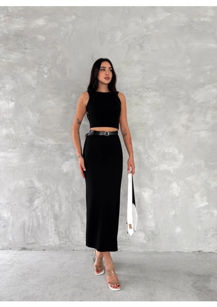 Kadın Arka Yırtmaçlı Kemer Detaylı Maxi Boy Etek modelleri