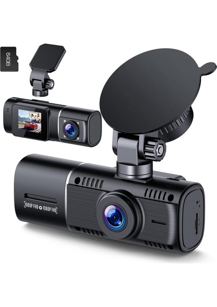 1080P Araç Içi Kamera, Çift Kayıt, Gece Görüşü, G-Sensör, 64GB Sd Kart