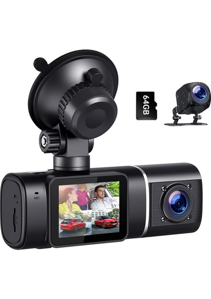 1080P 3 Kanallı Araç Içi Kamera, Gece Görüşü, G-Sensör, 64GB Sd Kart