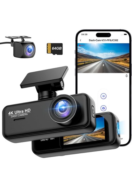 4K + 1080P Dash Cam Ön Arka Kamera, Wifi, 64GB Sd Kart, Ultra Gece Görüşü, G-Sensör, Döngüsel Kayıt