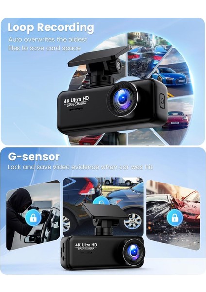 4K + 1080P Dash Cam Ön Arka Kamera, Wifi, 64GB Sd Kart, Ultra Gece Görüşü, G-Sensör, Döngüsel Kayıt