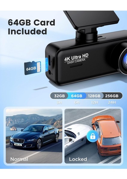 4K + 1080P Dash Cam Ön Arka Kamera, Wifi, 64GB Sd Kart, Ultra Gece Görüşü, G-Sensör, Döngüsel Kayıt