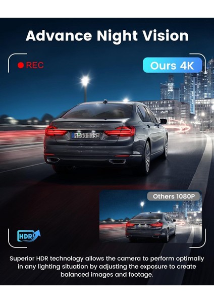 4K + 1080P Dash Cam Ön Arka Kamera, Wifi, 64GB Sd Kart, Ultra Gece Görüşü, G-Sensör, Döngüsel Kayıt