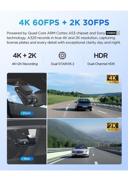 A329 4K 60FPS Dash Kamera, Çift Starvıs 2 Sensör, Wi-Fi 6, 4tb SSD & 512GB Microsd Desteği fırsatları
