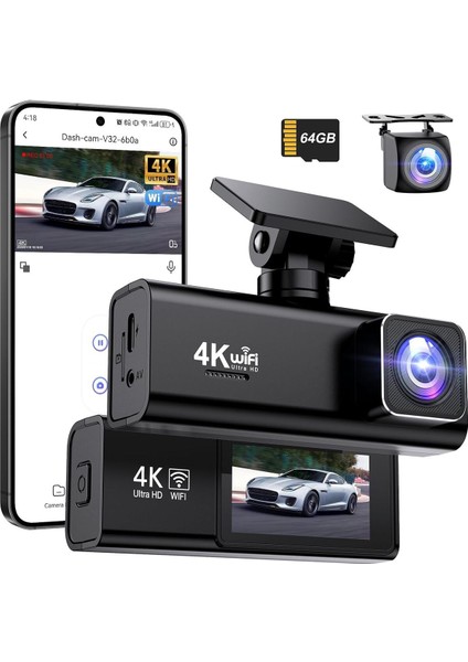 4K + 1080P Çift Kamera Dash Cam, Wifi, Gece Görüşü, G-Sensör